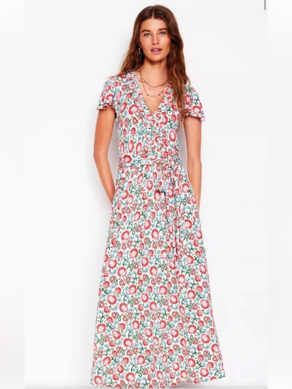 Boden Nicola Jersey Tea Dress Ivory Floral Garden Vine Ruffle Midi Sz 16-18L NEW - Picture 1 of 10